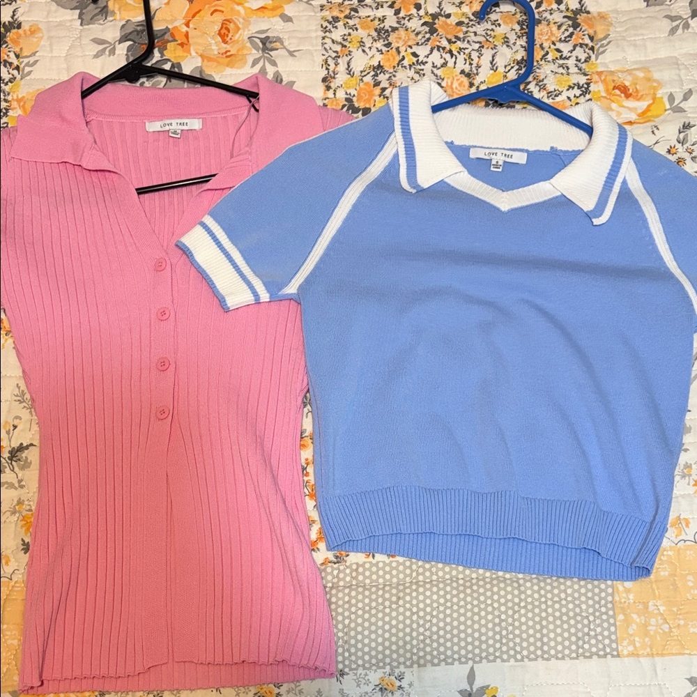 Love Tree Pink Ribbed Polo Top & Blue Collared Knit Tee Set